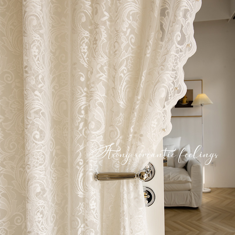 Fan-style high-end yarn curtain retro lace light transmission opaque man's bedroom Ins wind floating curtains 2022 New living room