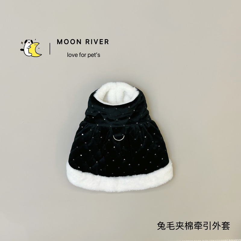 Black Korean-Style Quilted Rabbit Fur Coat Vest Dress Winter Thick Fleece Pet Dog Clothes with Sequins for Teddy and Yorkshire Terrier