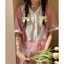 2021 Ancient vintage Tulips show white thin gentle Korean sweet lotus pink loose dress