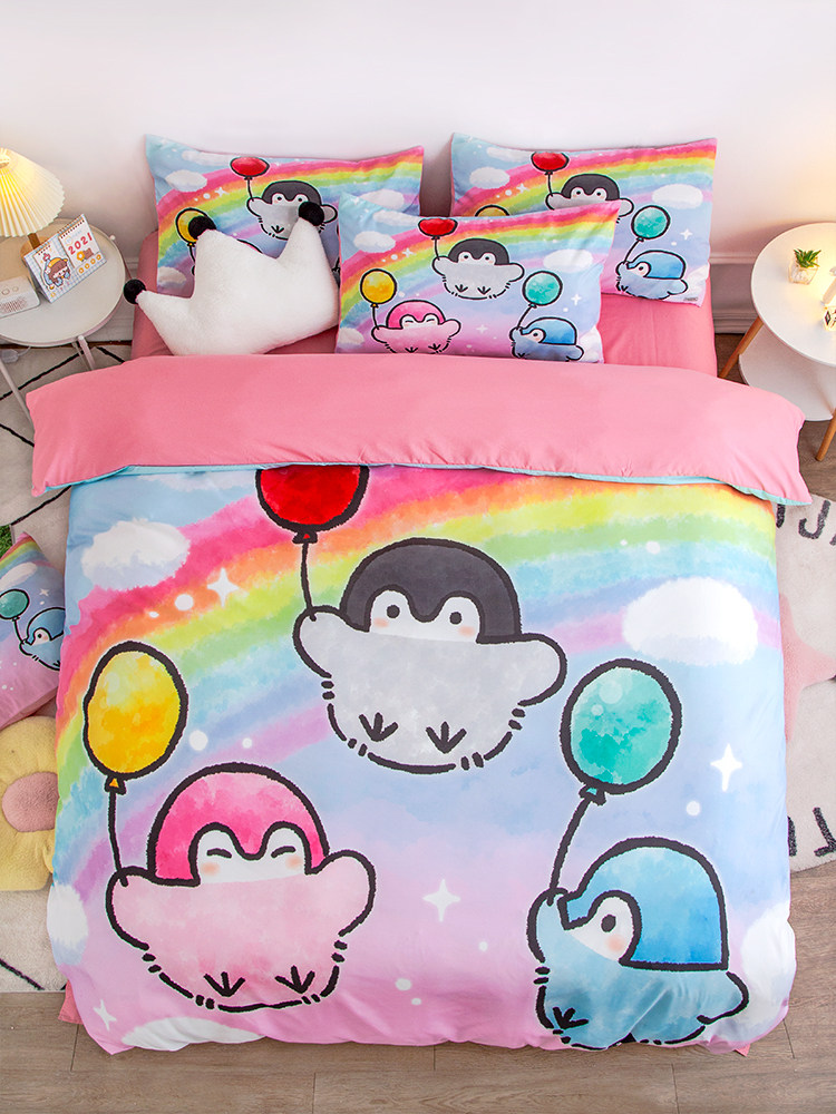 Positive energy penguin four-piece set Koupen Chan fresh and cute quilt cover pillowcase dormitory 1 2 single bed set