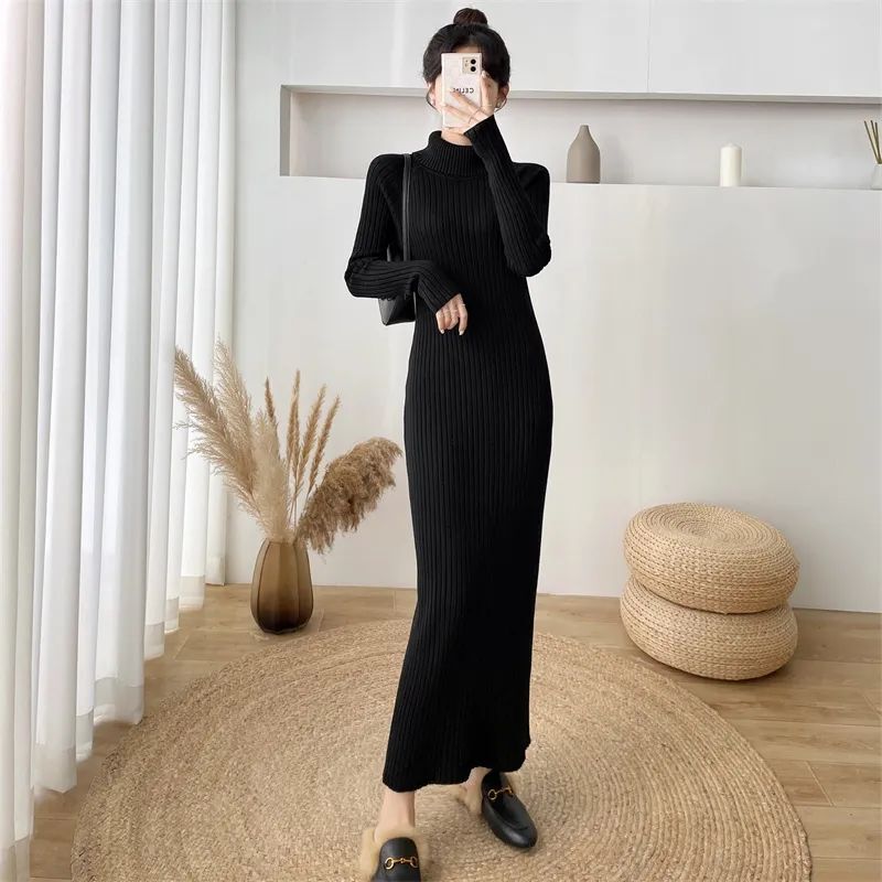 High-Neck Long Sweater Dress for Women, Winter Versatile Stylish Base Layer Dress, Slim-Fit Knitted Long Dress for Autumn
