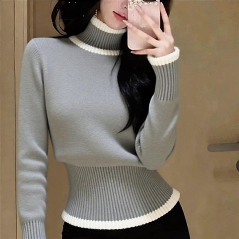 Light Luxury Fashion New Style Color-Blocked Striped High-Neck Stylish Sweater Knitwear Korean Sweet Style Light Luxury Fashion New Style Color-Blocked Striped High-Neck Stylish Sweater Knitwear Korean Sweet Style