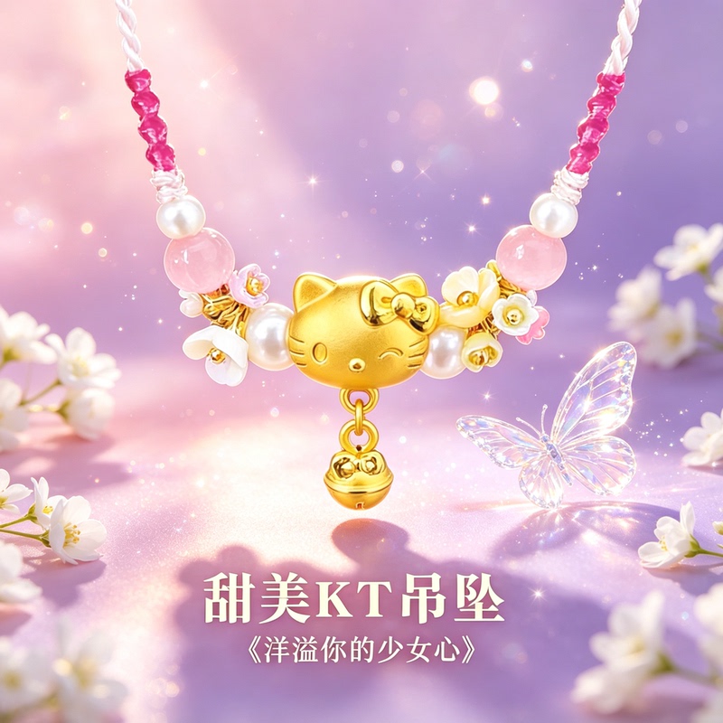 Official Genuine Product｜Hellokitty Cat Pendant Gold-Plated Silver Transfer Bead Woven Necklace Bracelet Gift for Girlfriend