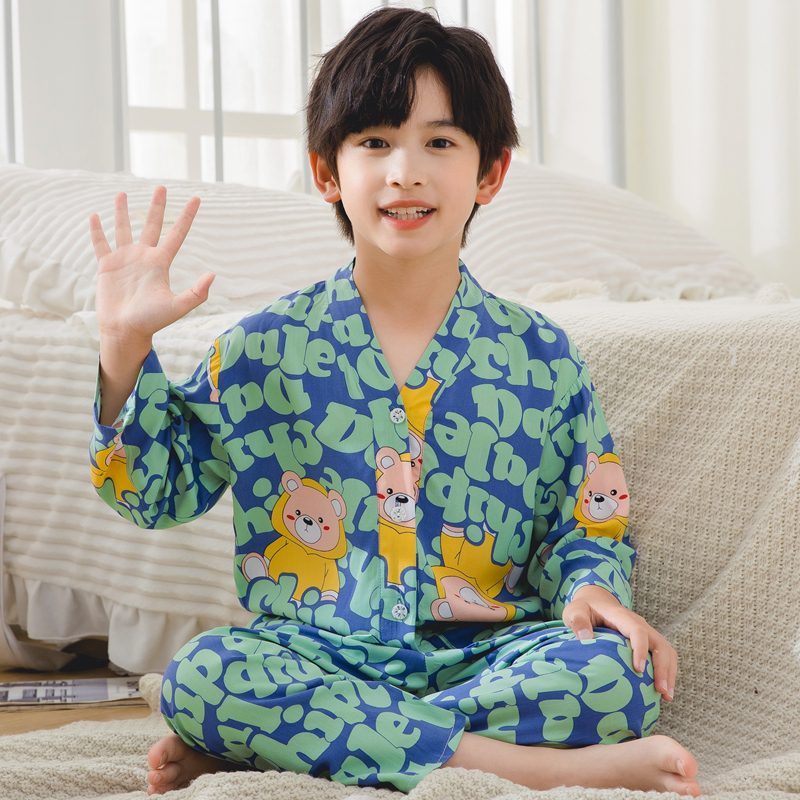 Children's cotton silk pajamas long-sleeved summer thin men's and women's large children's cotton silk children's home air conditioning clothes cardigan suit