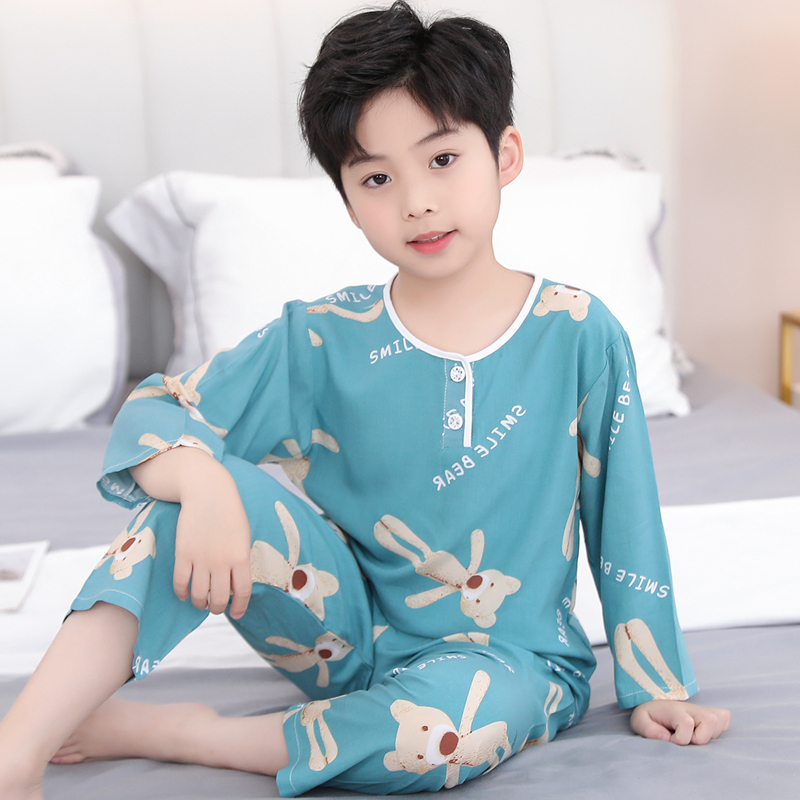 Children's cotton silk pajamas long-sleeved suit men's and women's summer thin section medium and large children's cool cotton silk children's home air-conditioning clothes