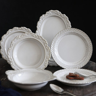 Бытовая креативная тарелка с тиснением, керамическая тарелка, набор тарелок для стейка в стиле вестерн, глубокая тарелка для супа, плоская тарелка для пасты, круглая тарелка