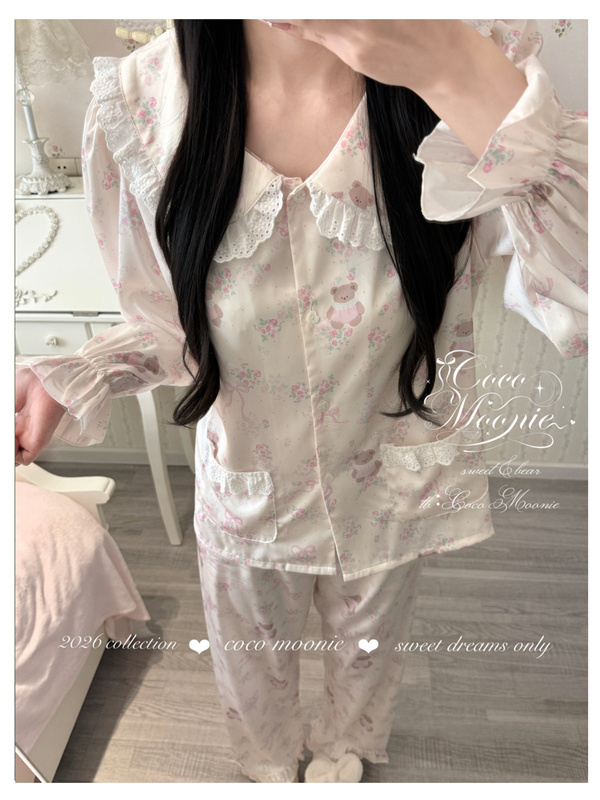 Coco Moonie's Original Bear Floral Ice Silk Pajama Set, Long-Sleeved and Long-Pants Pajamas Coco Moonie's Original Bear Floral Ice Silk Pajama Set, Long-Sleeved and Long-Pants Pajamas