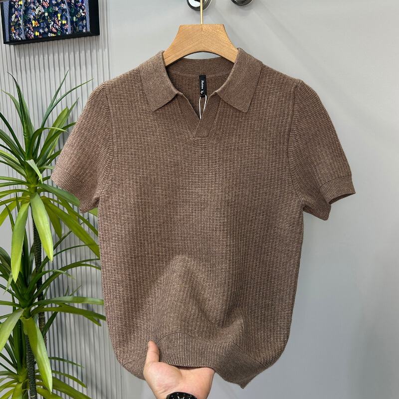 Minimalist Breathable Waffle Texture Small V-Neck Short-Sleeved Polo Shirt Men's Knitted Lapel T-Shirt Men's Spring and Summer Clothes
