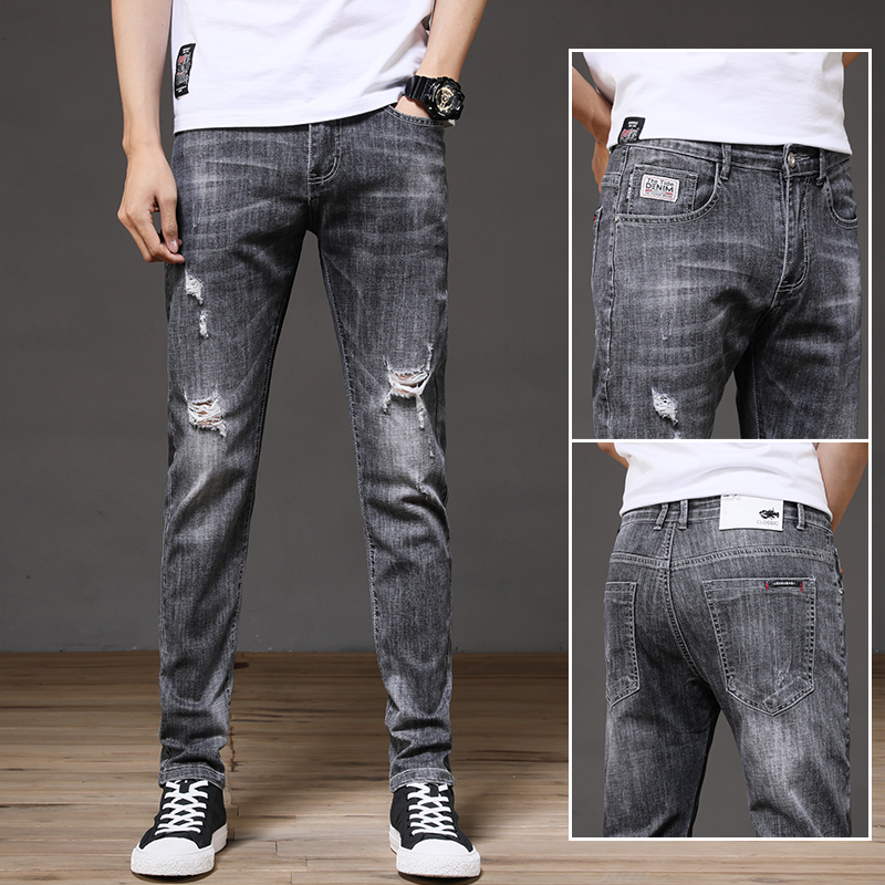 Knee hole jeans men's summer thin section 2022 new trendy brand beggar pants men's slim skinny trousers trend