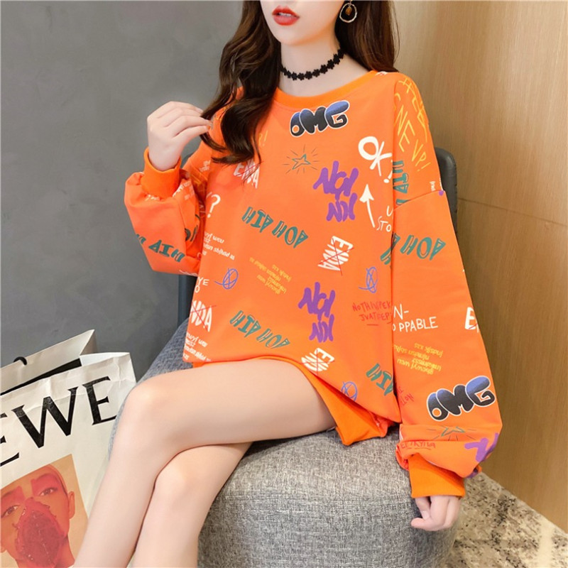 2022 Autumn New Style Sweatshirt Orange Long-Sleeved Hoodless Sweatshirt Ins Trendy Korean Style Loose Fashion Plus Size Top