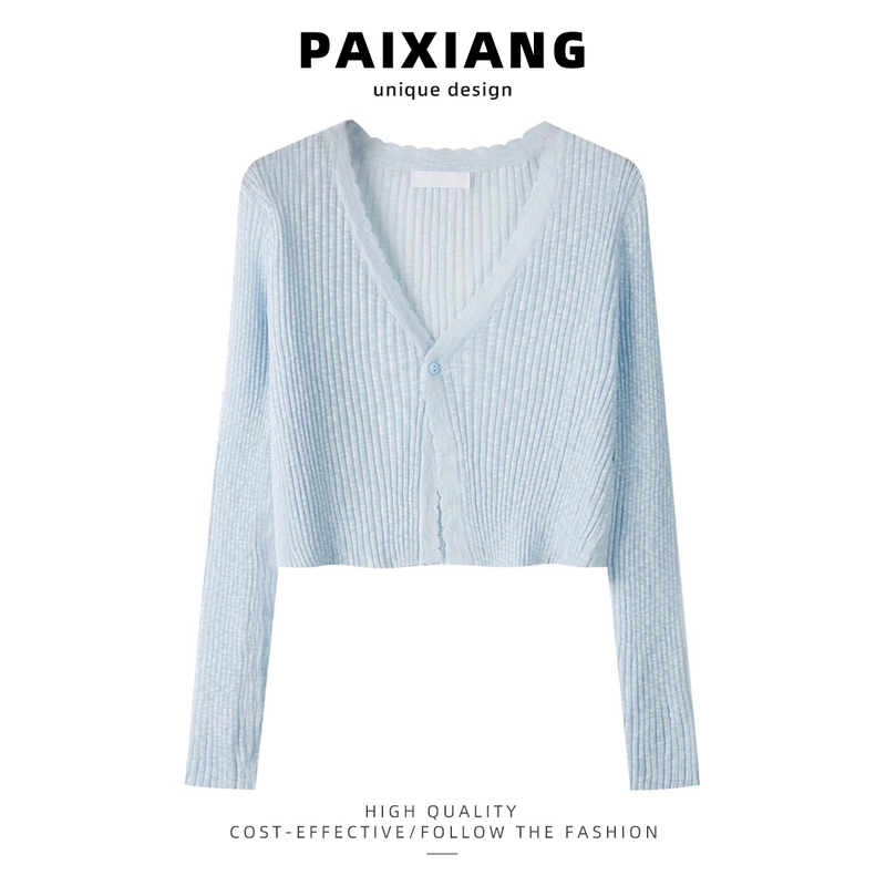 Paixiang Blue Cardigan for Women, Summer Thin Style with Slip Dress, Small Sun Protection Mesh Cover-Up, Short Knit Jacket