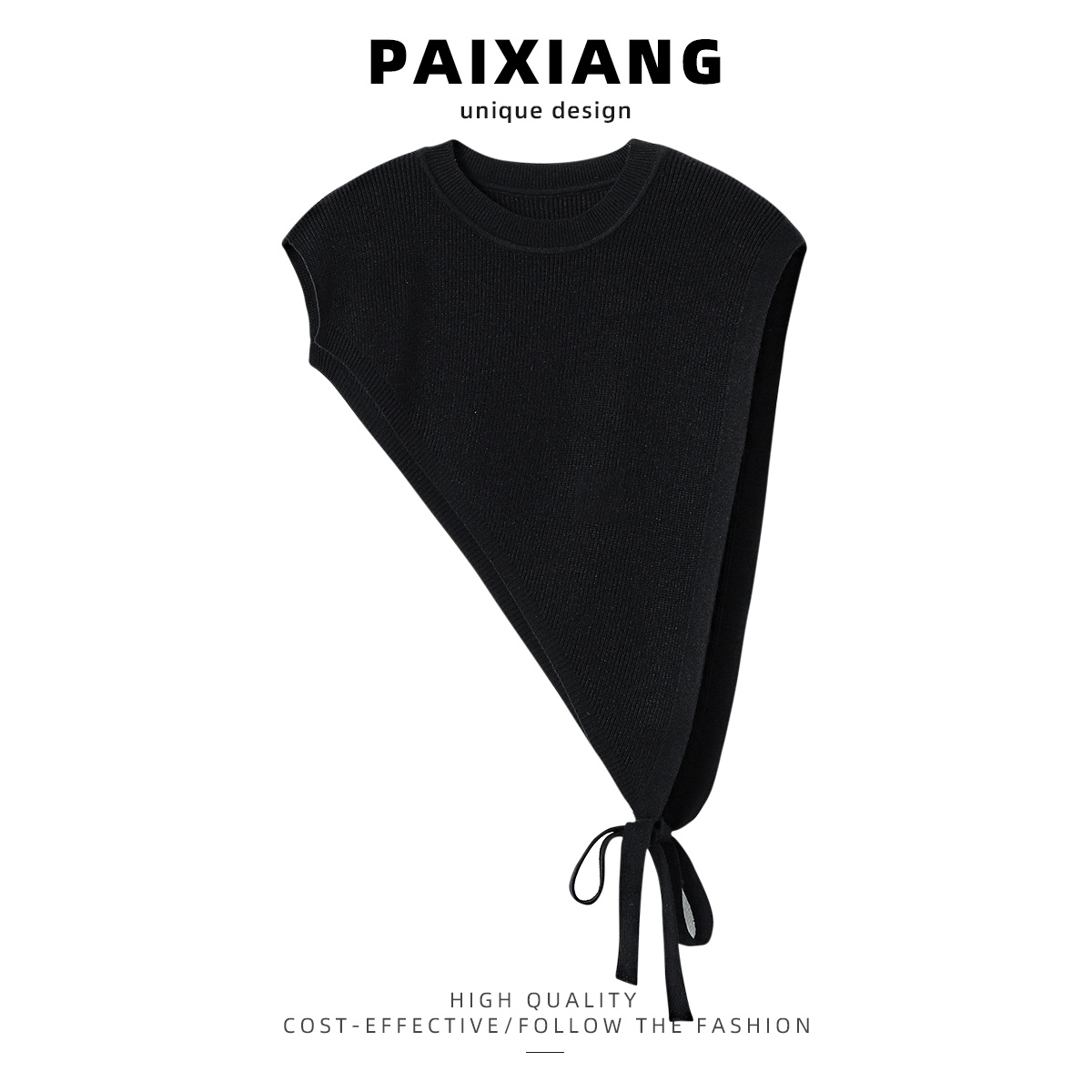 PAIXIANG/黑色三角斜边披肩针织马夹背心女秋冬新款马夹气质上衣