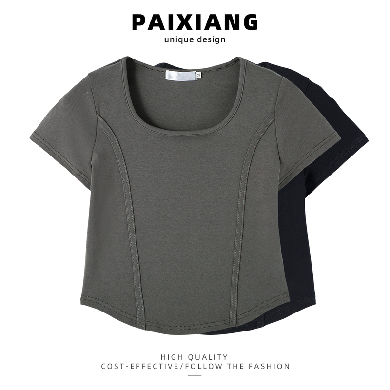Paixiang2026 New Summer Short-Sleeved T-Shirt for Women, Square Collar, Short Style, Fishbone Slim Fit, Unique and Beautiful Top