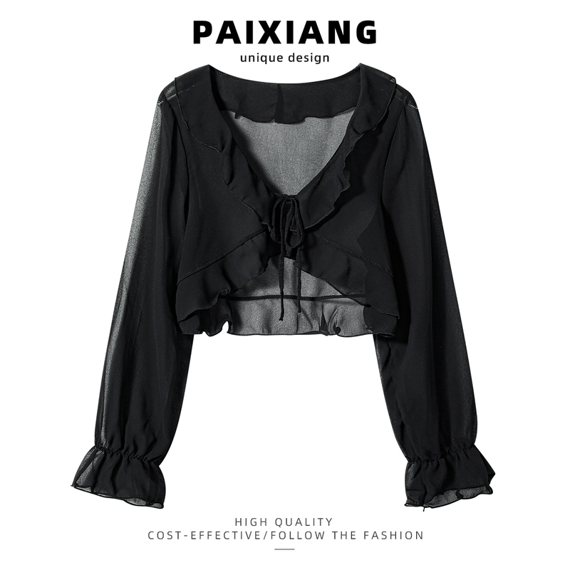 Paixiang/Black Ruffled Lace-Up Chiffon Cardigan for Women, Summer Thin Coat, Sheer Shawl, Small Cover-Up Paixiang/Black Ruffled Lace-Up Chiffon Cardigan for Women, Summer Thin Coat, Sheer Shawl, Small Cover-Up