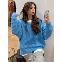 Autumn Korean version 2020 new lazy wind V-neck pullover loose outer wear soft milk blue wild long-sleeved sweater womens clothing