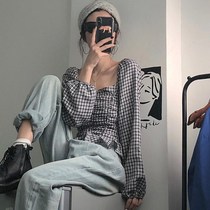 Spring and autumn Korean version 2020 new design sense folds slim slim temperament square collar short bubble long-sleeved shirt women