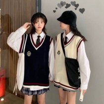 Autumn and winter long-sleeved sweater female student Korean loose tie shirt college style sweater vest vest two-piece set