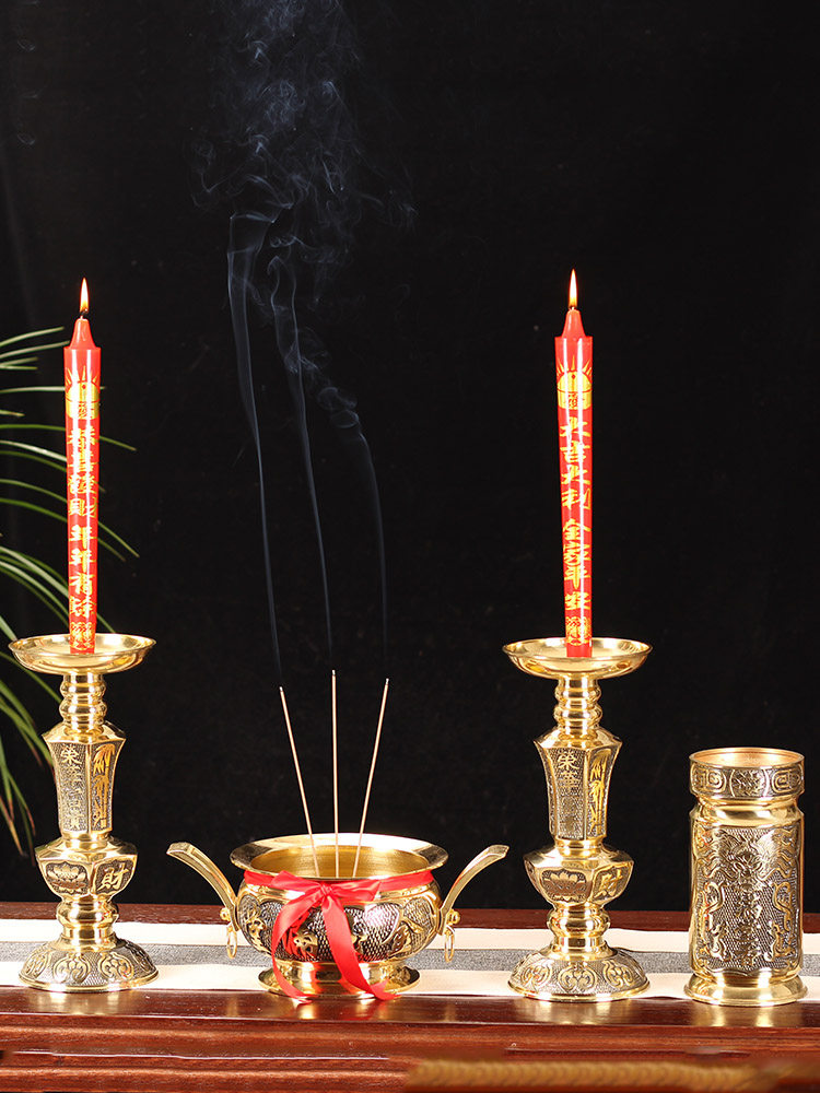 Imperial coppersmith pure copper candlestick incense burner home Buddha front offering lamp offering for ancestral ancestral hall Buddha hall middle hall wedding sacrifice set