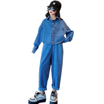 Girl Jazz Dance Street Dance Costume Tide Card 2023 New Childrens Autumn Clothing Denim Suit Two Sets Out Of Suit