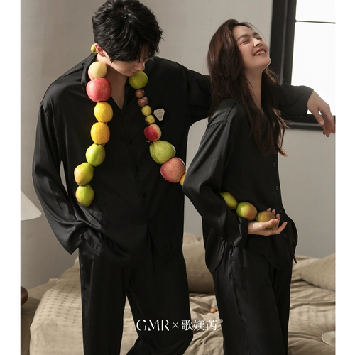 Осенняя пижама для влюбленных, мужской шелковый лонгслив, черный комплект, изысканный стиль, большой размер