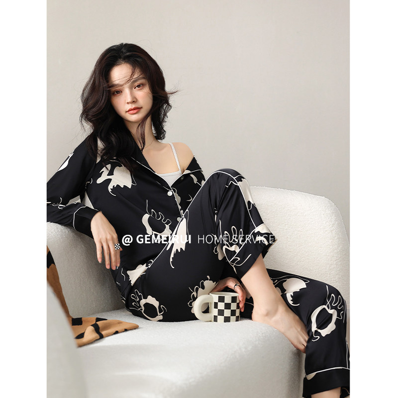 Silk Sleeping Women Summer Advanced Sensation Ice Silk Home Conserved Spring Autumn Thin models Emulated Silk Long Sleeve Sexy Woman Taste Suit