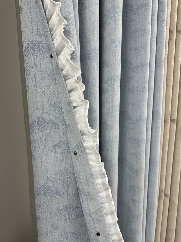 Highly Opaque Double-Sided Blue Jacquard + Lace, Width 5-6- 7m , Height 2.69m , Perforated/Hooked, Minor Flaws