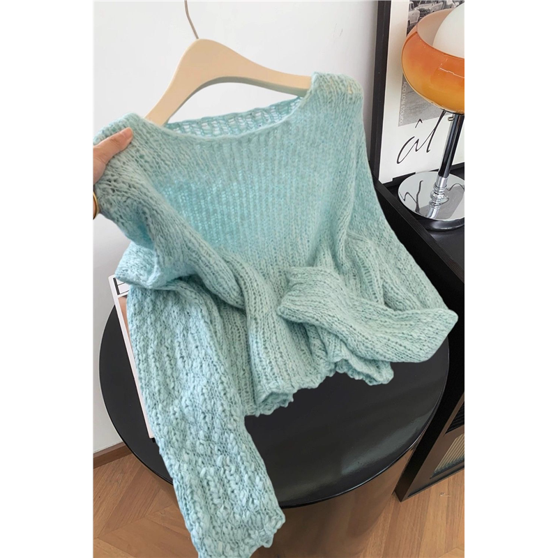 Korean-Style Gentle Mint Green Knit Sweater for Women, Winter Elegant Simple Niche Hollow-Out Long-Sleeve Top for Autumn