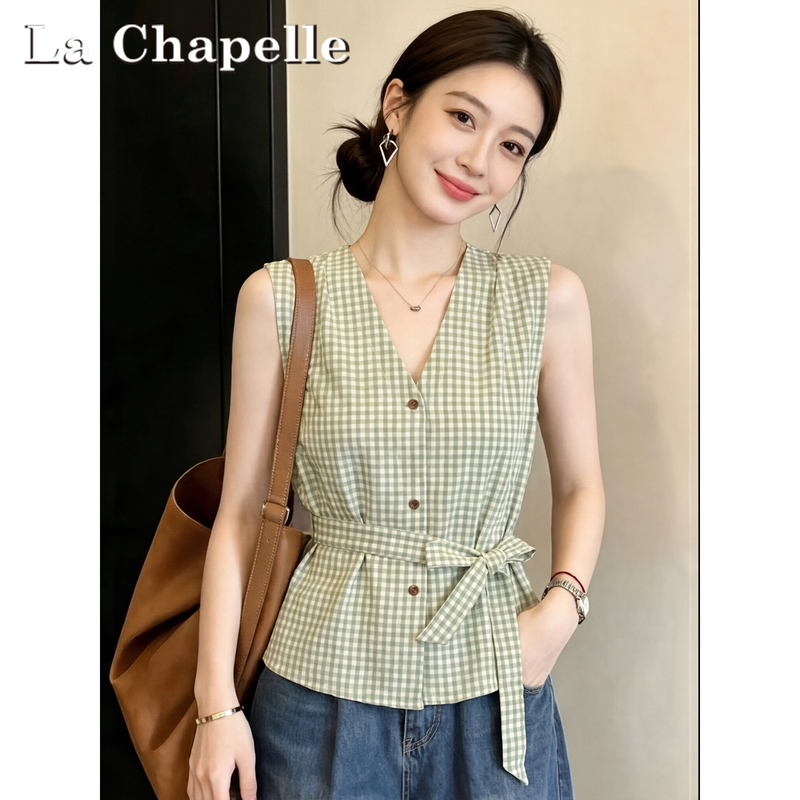 La Chapelle Dopamine Green Plaid Tie V-Neck Shirt for Women, Stunning Sleeveless Tank Top for Summer