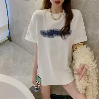 Korean creative white T-shirt women's medium and long loose short-sleeved top design printed letter inner tie bottoming shirt
