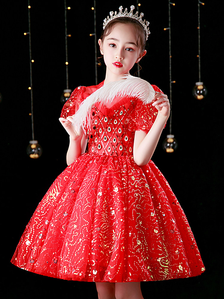 High-end young host dress girl princess 61 children choral show outfit bright piece of pork skirt red summer