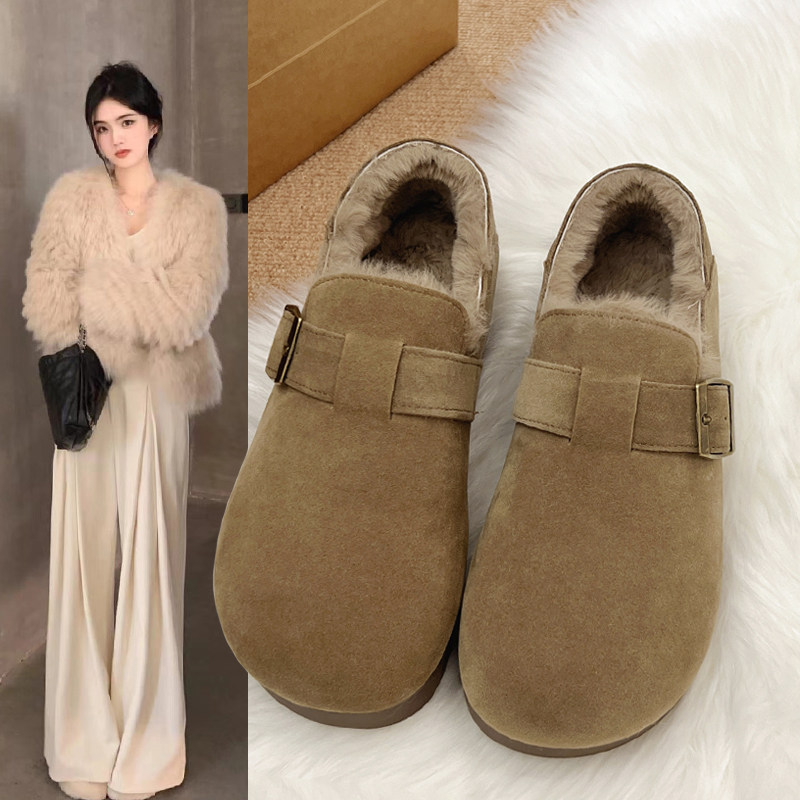 Fleece-Lined Full-Wrap Retro Birkenstock Shoes for Women, Winter 2025 New Slip-On Loafers, Furry Cotton Shoes, Warm Snow Boots