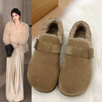 Fleece-Lined Full-Wrap Retro Birkenstock Shoes for Women, Winter 2025 New Slip-On Loafers, Furry Cotton Shoes, Warm Snow Boots