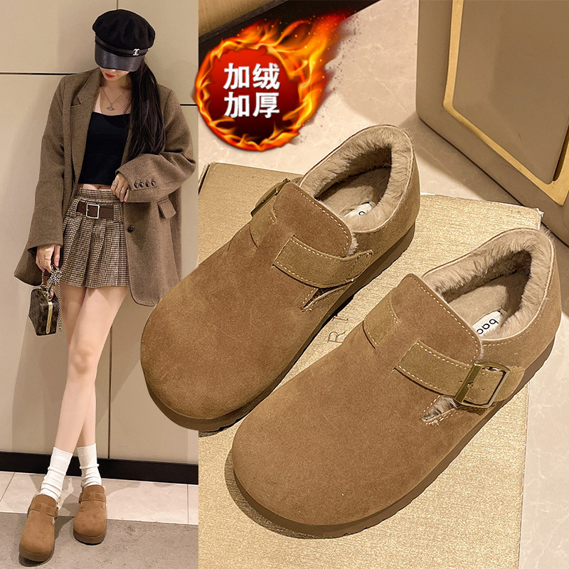 Women's Winter 2025 New Style Birkenstock Shoes with Plush Lining, Leather Surface, Warm, Soft Sole, Outdoor Wear, Furry Shoes, Cotton Shoes, Thick Sole