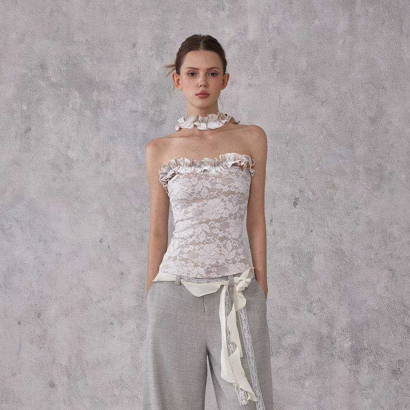 Noncestnon Original Nomeansno Lace Ruffle Halter Neck Niche Design Halter Tube Top Noncestnon Original Nomeansno Lace Ruffle Halter Neck Niche Design Halter Tube Top