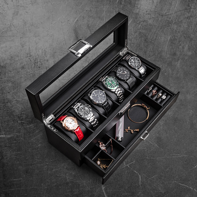 Watch and Jewelry Integrated Storage Box, Carbon Fiber Pattern Leather, High-End Simple Household Watch, Bracelet, Ring, Cufflink Box