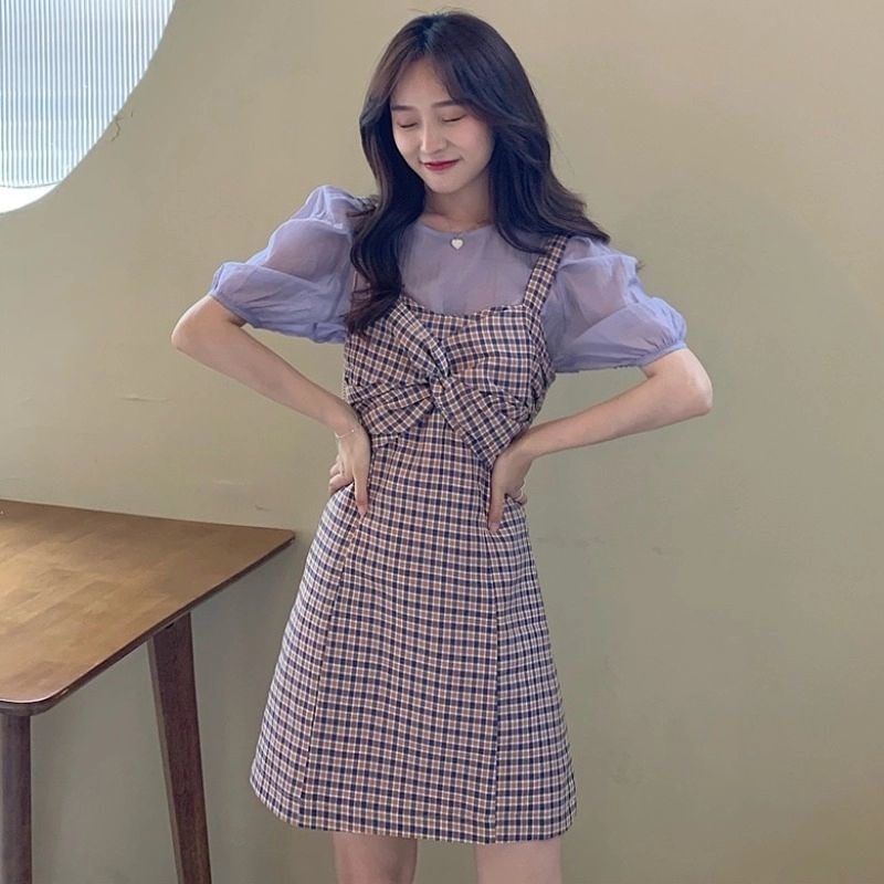 2022 new gentle purple chiffon plaid baby bag dress fake two-piece dress female summer small man