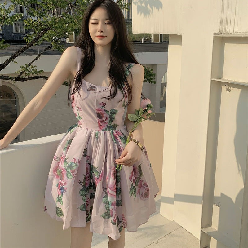 Slipper skirt tenderness style and wearing waist dress Summer printing skirt sweet dress