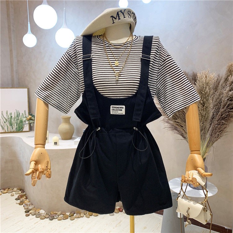 Summer 2022 Hong Kong style new women's suit striped short-sleeved T-shirt drawstring baby bag shorts two-piece set tide ins