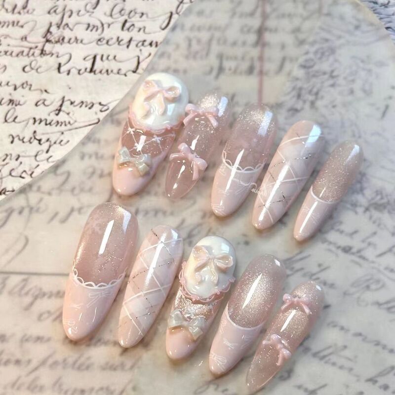 Cat Eye 2026 Semi-Handmade Nail Art Bowknot Pink French Style Wearable Nails Whitening Nails Elegant Nail Art Tools Cat Eye 2026 Semi-Handmade Nail Art Bowknot Pink French Style Wearable Nails Whitening Nails Elegant Nail Art Tools
