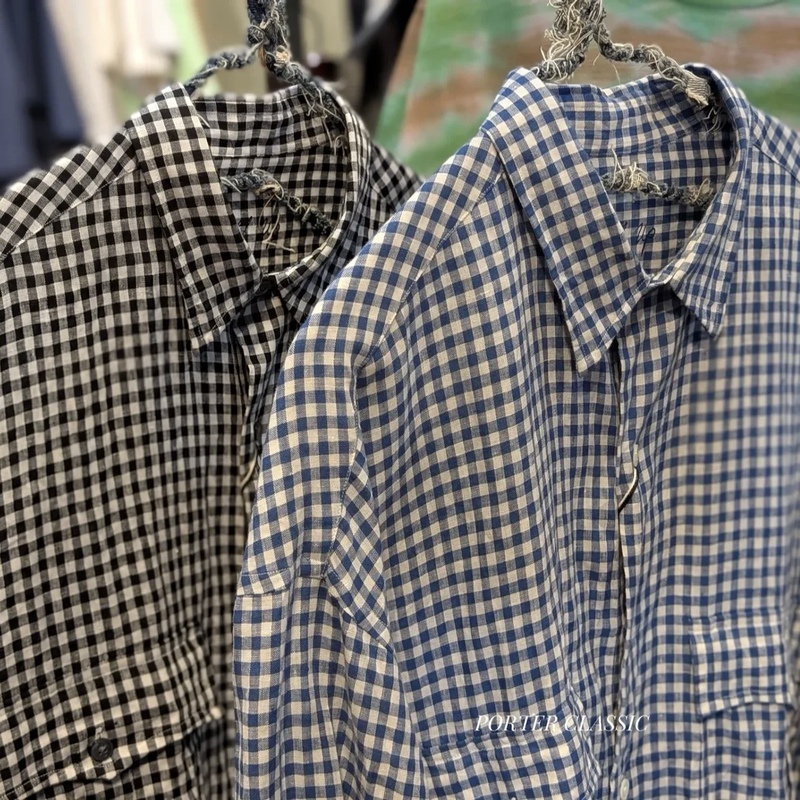 Porter Classic Roll up Linen Gingham Plaid Linen Roll-Sleeve Long-Sleeve Shirt