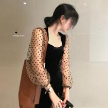 Velvet mesh French niche polo point long sleeve feel splice skirt autumn and winter A- line dress children design waist dress