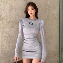 Base knitted gray tight-fitting women autumn and winter 2020 waist skirt skirt new long sleeve dress fake Two