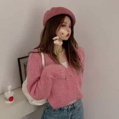 Tops ins pink gentle wind v-neck jacket women autumn and winter 2020 cardigan knitted sweater short section Korean version new