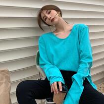 V-neck T-shirt top ins Joker loose pullover new shirt womens autumn and winter base long long long sleeve solid color foreign gas