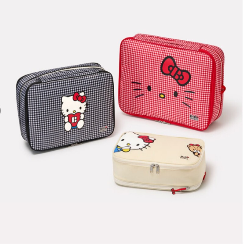 New Cat Cartoon Plaid Storage Bag, Cute Portable Travel Clothing Organizer, Expandable Foldable Bag
