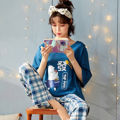 女士短袖纯棉夏季韩版休闲套装夏天可外穿长裤女士学生家居服大码