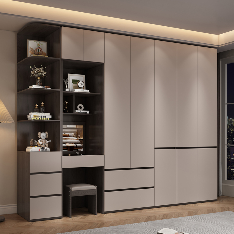 Enf Grade Solid Wood European Pine Board Integrated Corner Storage Wardrobe Household Environmentally Friendly Thickeneded Wardrobe Handle-Free Five or Six Doors