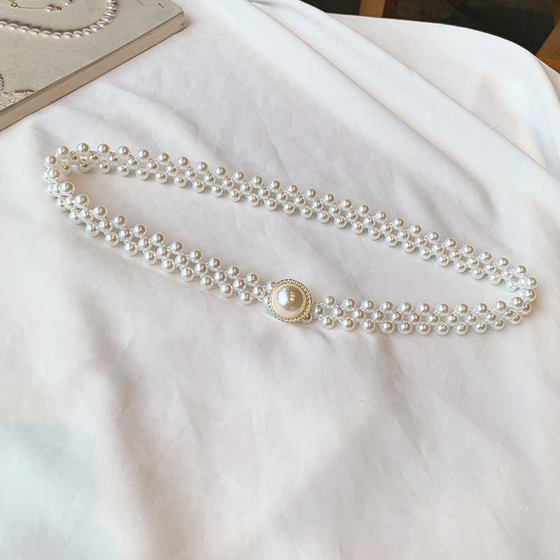 Pearl waist chain lady large pearl inlaid with elastic waist decorative matching skirt slim belt string bead tightness belt lady-Taobao