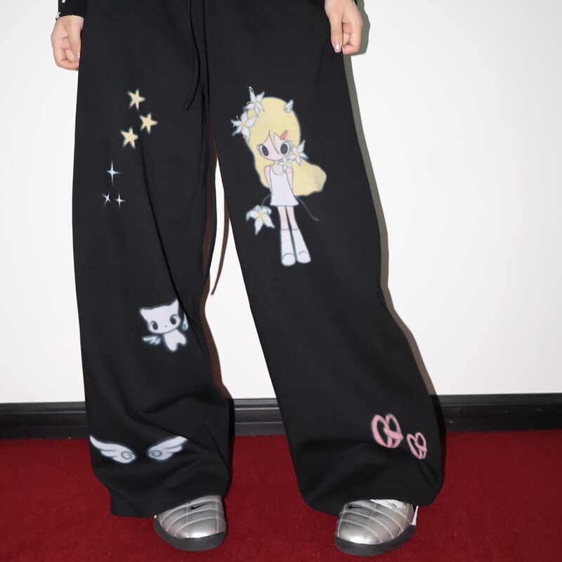 Ourhappy25Aw X Naiyou Shouqiu Original Illustration Print Versatile Slimming Loose Drawstring Sweatpants