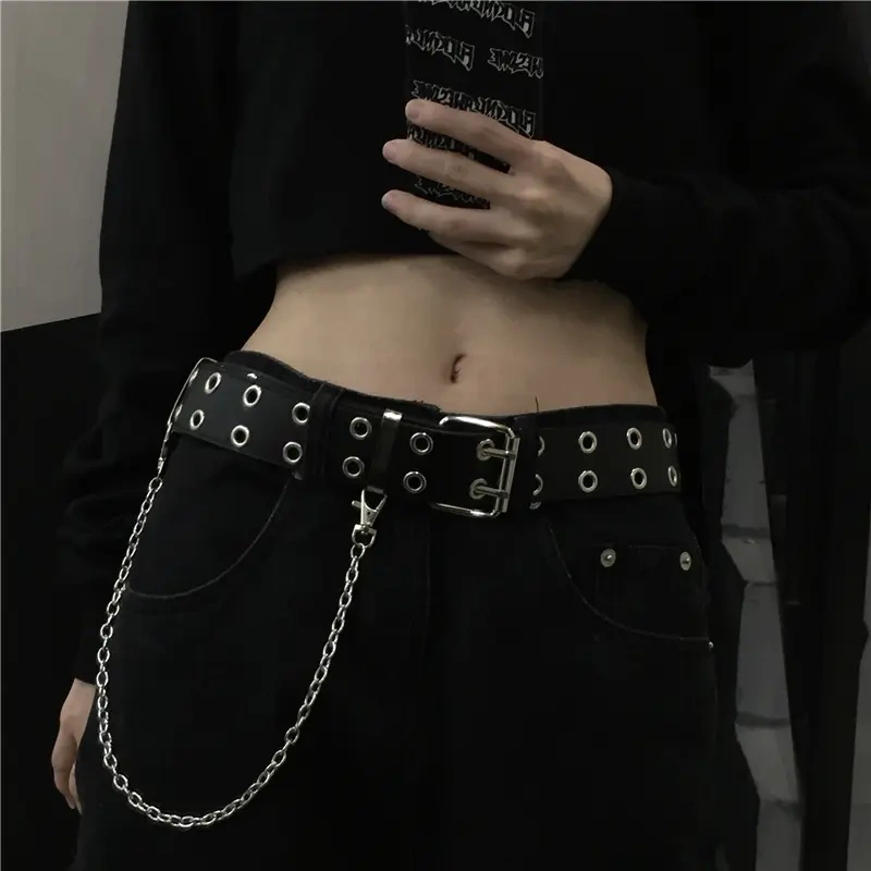 Women's Belt Korean Ins Retro Style Black Double Buckle Metal Chain Decoration Versatile Punk Belt for Men Trendy
